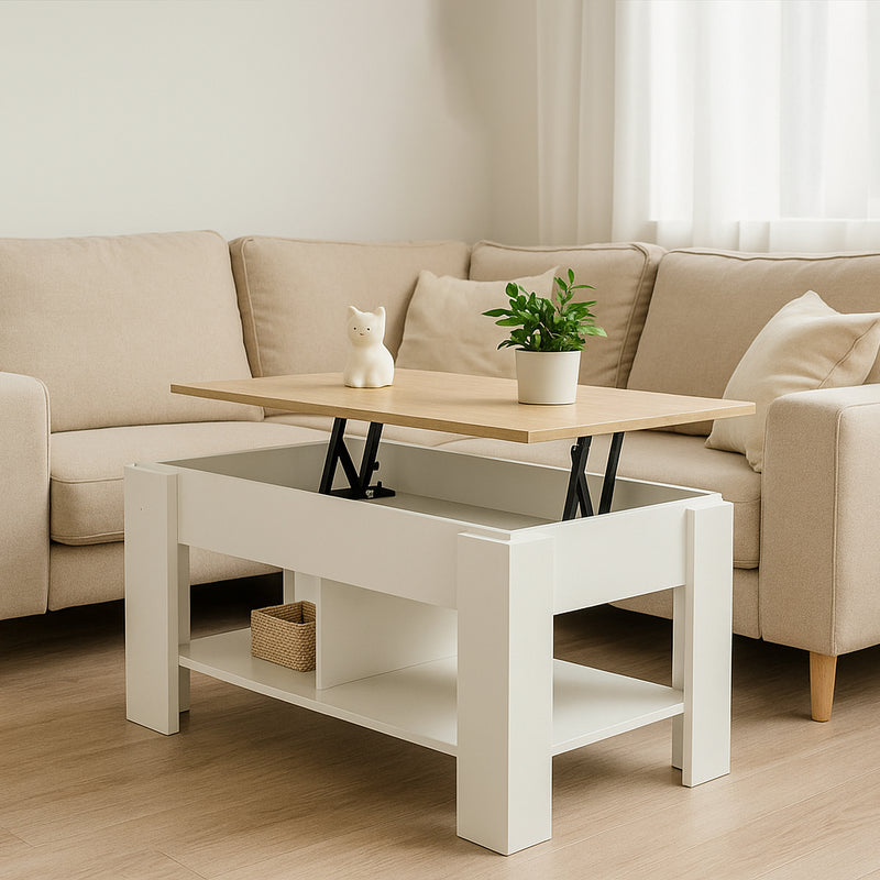 Table basse avec plateau relevable effet bois et blanc 96*50 ELOT WHITE OAK 96