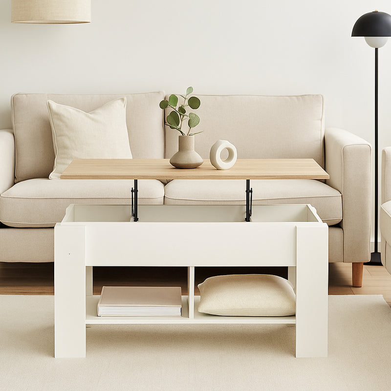 Table basse avec plateau relevable effet bois et blanc 96*50 ELOT WHITE OAK 96