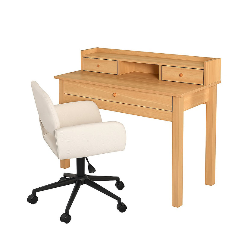 Ensemble de bureau en effect bois avec tiroirs de rangement et fauteuil roulant pivotant beige avec roulettes DEVAKI LIGHT WOOD+ROSS BEIGE