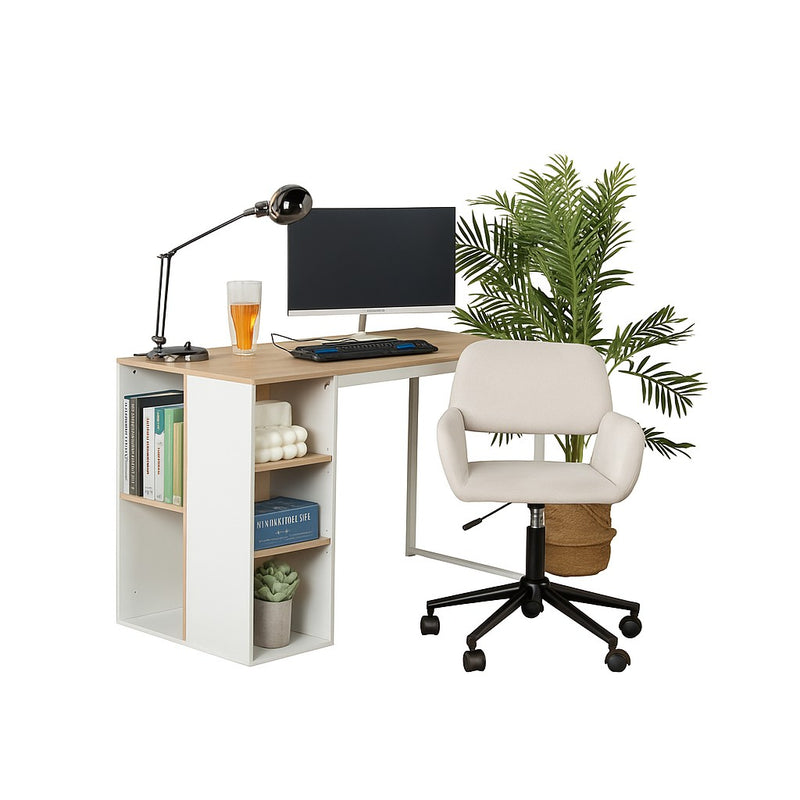 Ensemble de bureau ergonomique avec un bureau effet bois clair et une chaise de bureau pivotante et relevable beige à roulettes WEEKS+ROSS BEIGE