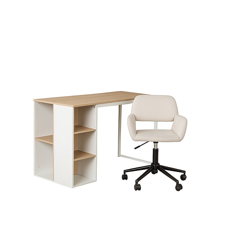 Ensemble de bureau ergonomique avec un bureau effet bois clair et une chaise de bureau pivotante et relevable beige à roulettes WEEKS+ROSS BEIGE