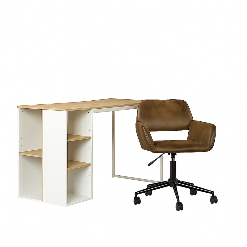 Ensemble de bureau ergonomique avec bureau effet bois clair et chaise de bureau pivotante et relevable marron à roulettes WEEKS+ROSS SUEDE BROWN
