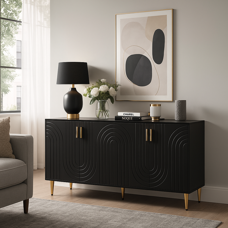 Buffet noir portes à motif ondulé 4 portes, poignées et pieds dorées rangement polyvalent ARTESIANSEEP