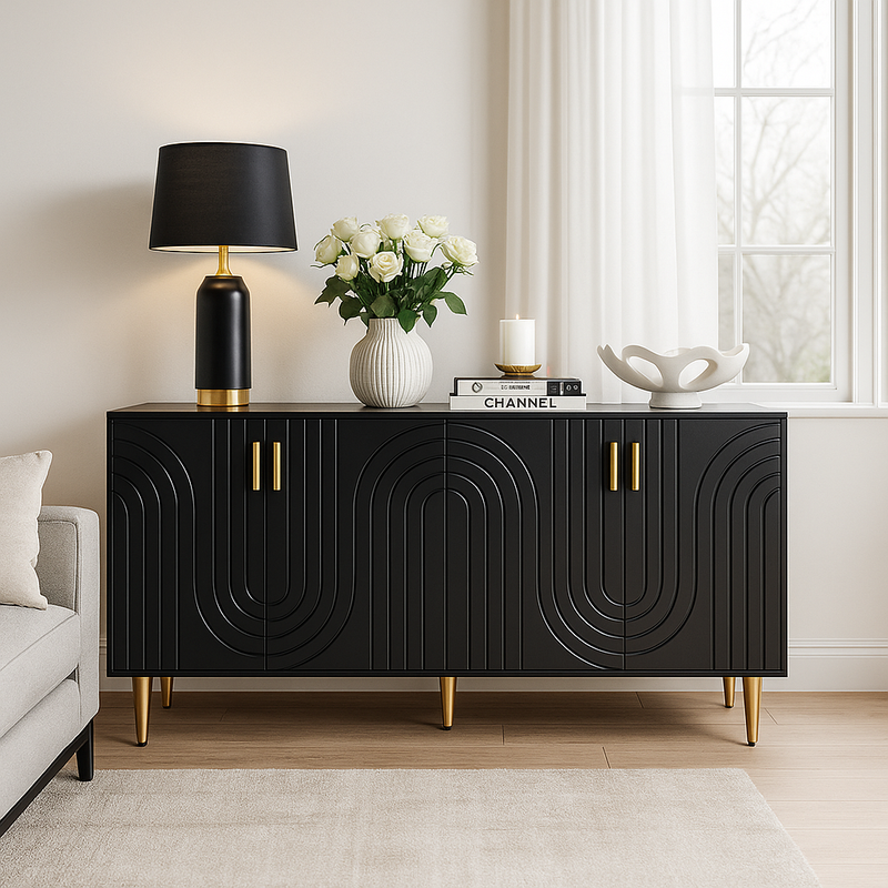 Buffet noir portes à motif ondulé 4 portes, poignées et pieds dorées rangement polyvalent ARTESIANSEEP