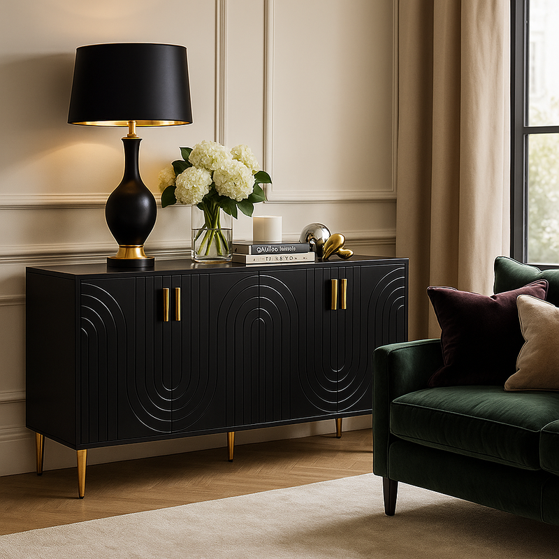 Buffet noir portes à motif ondulé 4 portes, poignées et pieds dorées rangement polyvalent ARTESIANSEEP