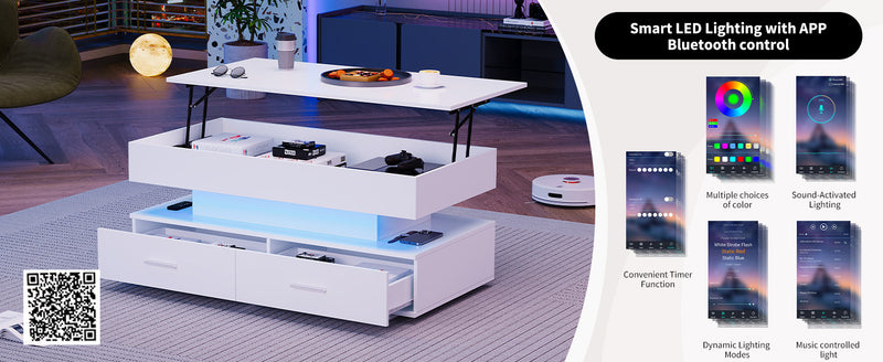 Table basse blanche plateau relevable à hauteur réglable 2 tiroirs et espace de rangement ouvert avec éclairage LED 100*50*44 cm ZAKS WHITE