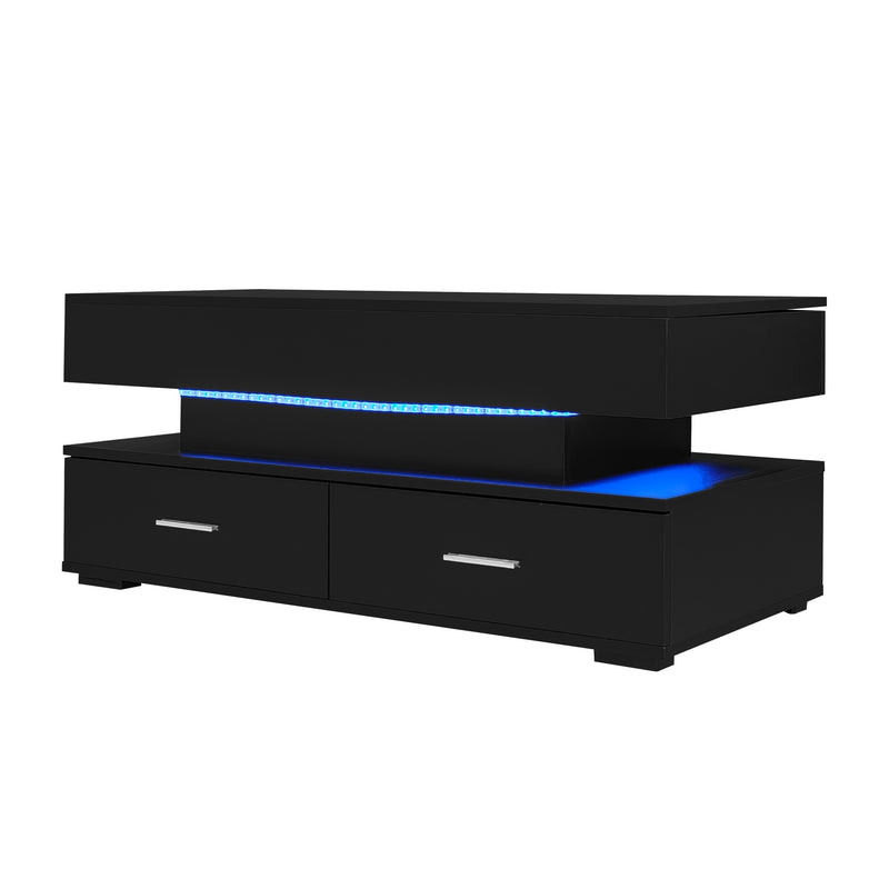 Table basse noir plateau relevable à hauteur réglable 2 tiroirs et espace de rangement ouvert avec éclairage LED 100*50*44 cm ZAKS BLACK