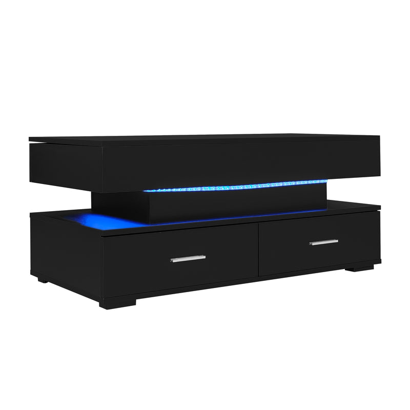 Table basse noir plateau relevable à hauteur réglable 2 tiroirs et espace de rangement ouvert avec éclairage LED 100*50*44 cm ZAKS BLACK