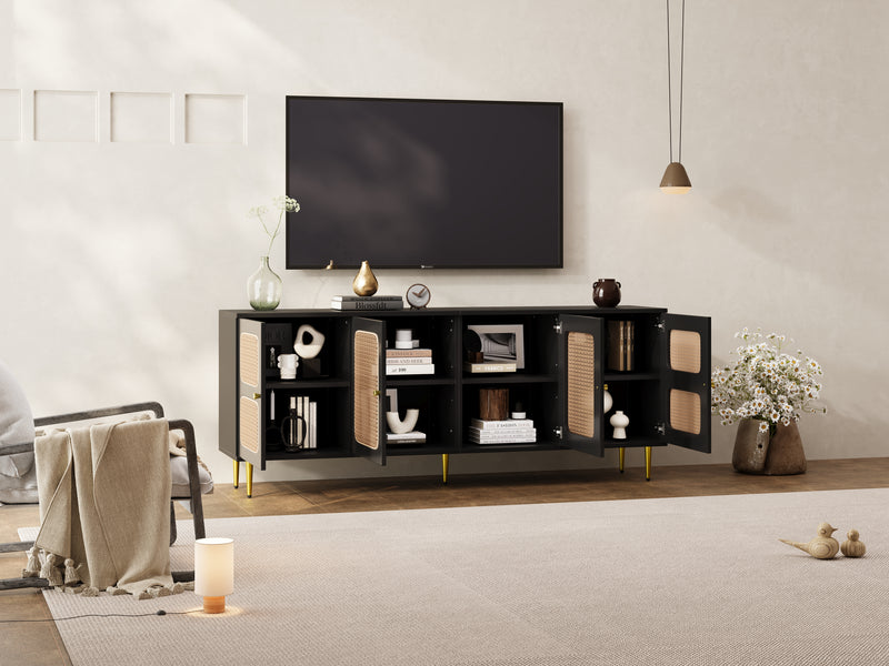 Meuble TV en rotin noir avec 4 portes en rotin, pieds et poignets dorés meubles 180x40x72cm Drezuid