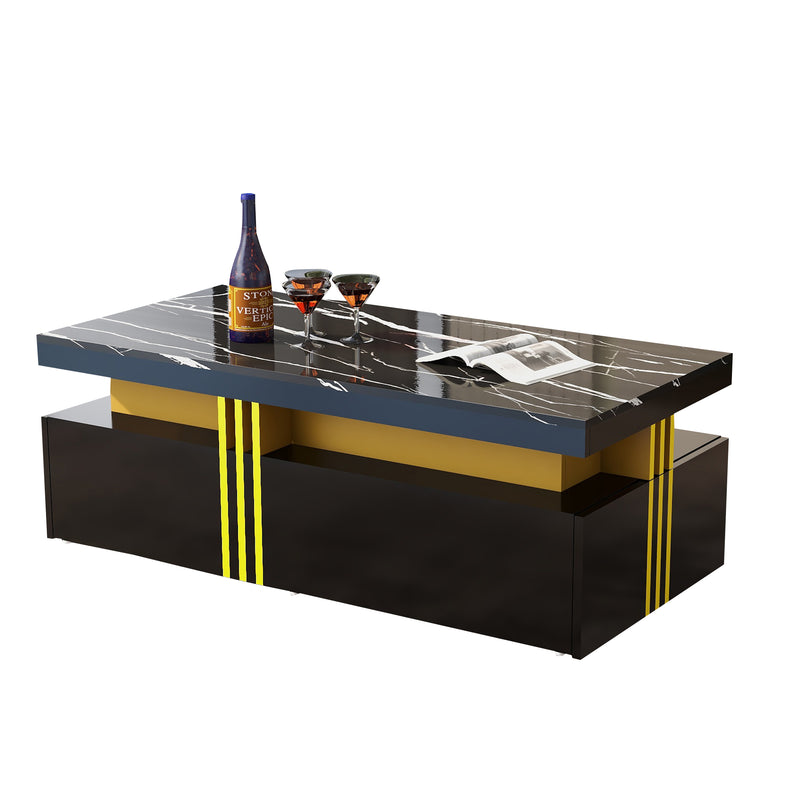 Table basse rectangulaire effet marbre noir brillant avec 2 tiroirs 100*50*40 cm GEVREITS BLACK