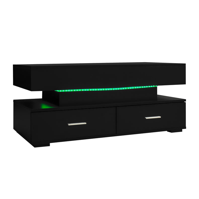 Table basse noir plateau relevable à hauteur réglable 2 tiroirs et espace de rangement ouvert avec éclairage LED 100*50*44 cm ZAKS BLACK