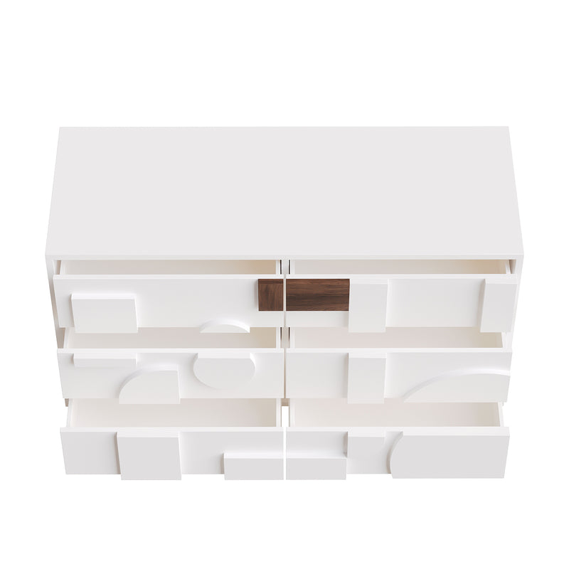 Buffet blanc effet bois façade géométrique en relief 6 tiroirs, porte push-to-pop UMPHU
