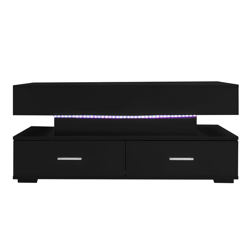 Table basse noir plateau relevable à hauteur réglable 2 tiroirs et espace de rangement ouvert avec éclairage LED 100*50*44 cm ZAKS BLACK