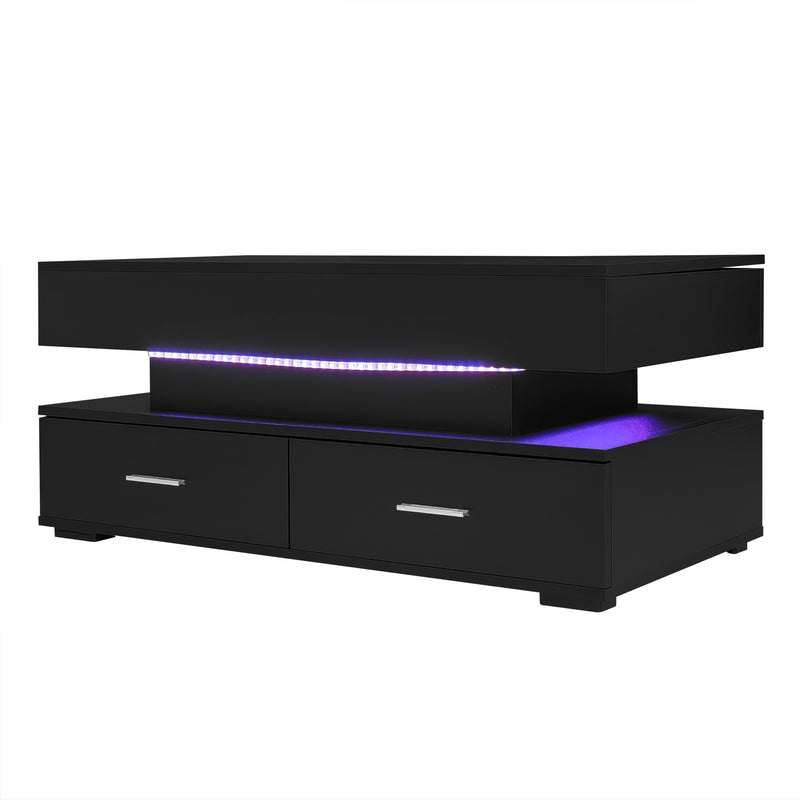 Table basse noir plateau relevable à hauteur réglable 2 tiroirs et espace de rangement ouvert avec éclairage LED 100*50*44 cm ZAKS BLACK