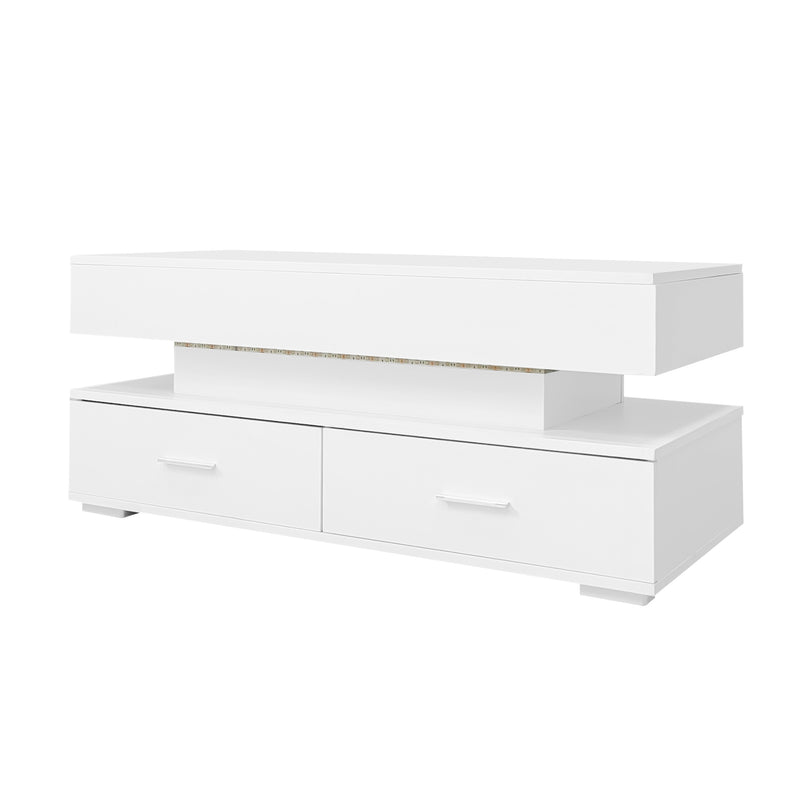 Table basse blanche plateau relevable à hauteur réglable 2 tiroirs et espace de rangement ouvert avec éclairage LED 100*50*44 cm ZAKS WHITE