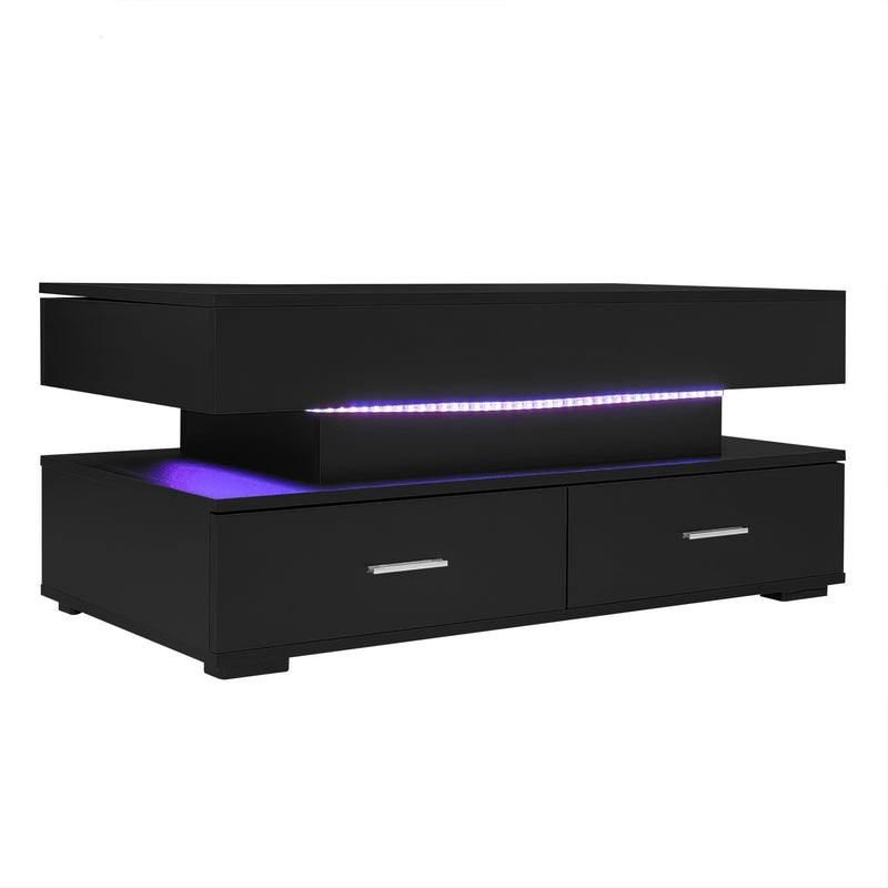 Table basse noir plateau relevable à hauteur réglable 2 tiroirs et espace de rangement ouvert avec éclairage LED 100*50*44 cm ZAKS BLACK