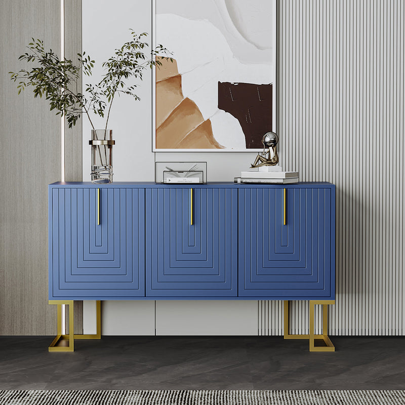 Commode buffet haut avec 3 portes bleu marine motif de forme U H81/B138/T40 CRUUGREN BLUE