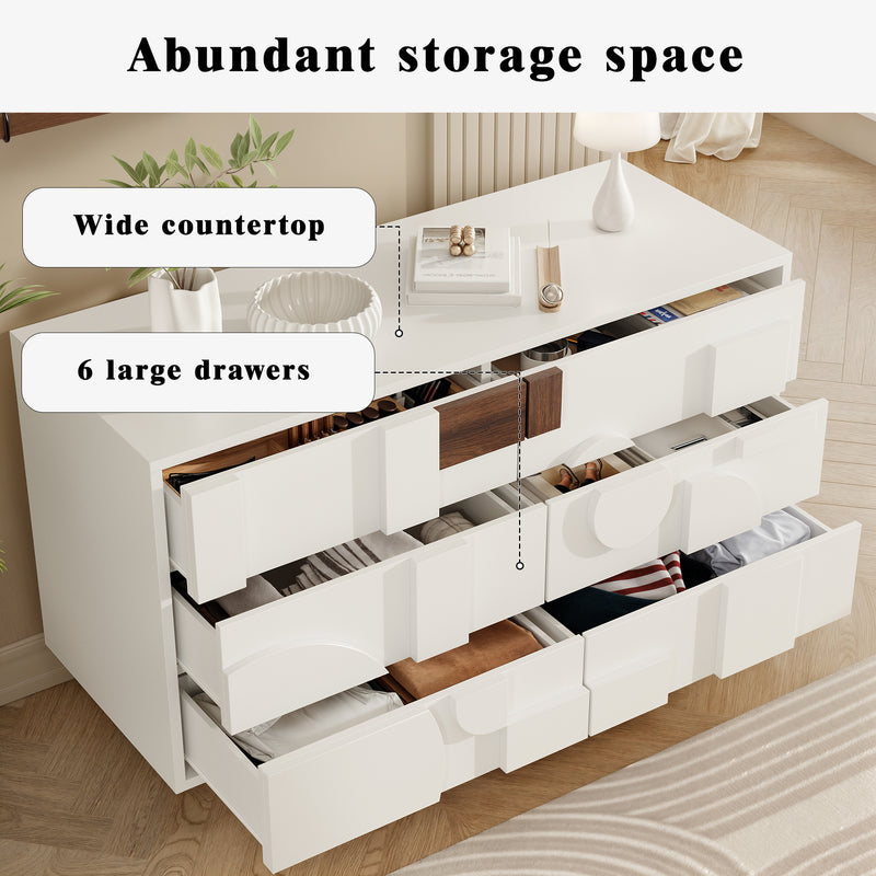 Buffet blanc effet bois façade géométrique en relief 6 tiroirs, porte push-to-pop UMPHU