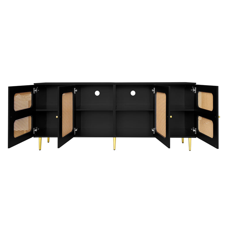 Meuble TV en rotin noir avec 4 portes en rotin, pieds et poignets dorés meubles 180x40x72cm Drezuid