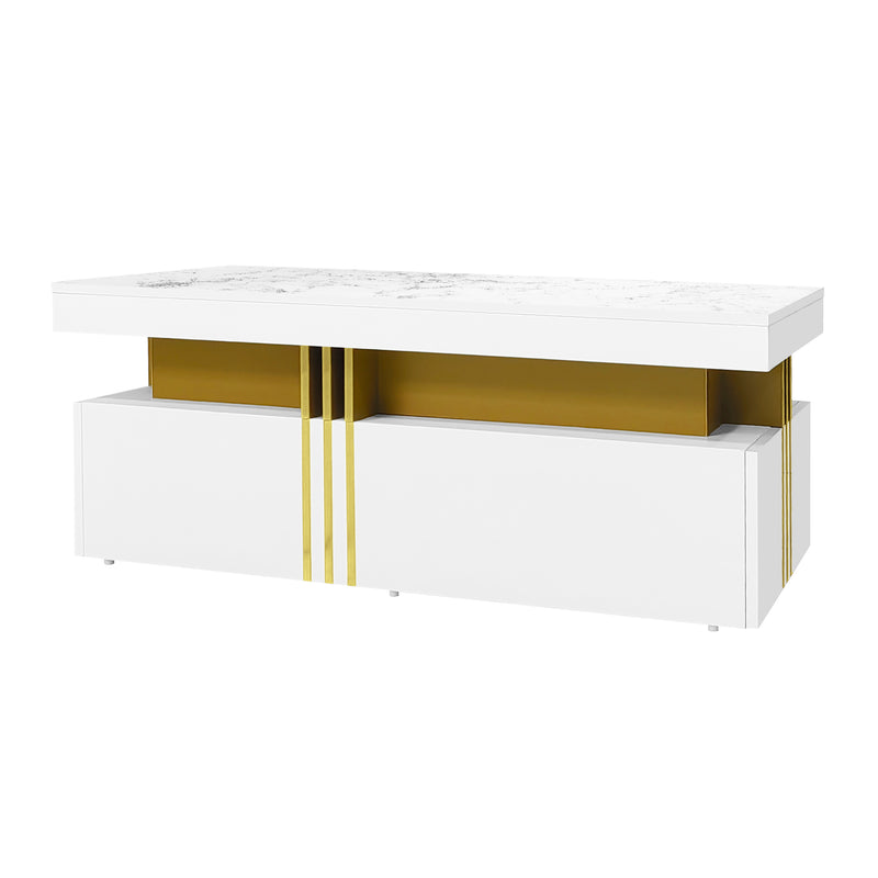 Table basse rectangulaire effet marbre blanche brillante avec 2 tiroirs 100*50*40 cm GEVREITS WHITE