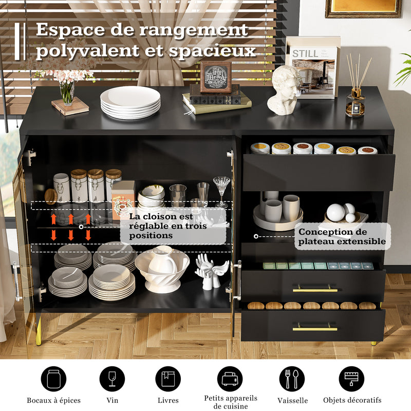 Buffet noir luxueux une niche, 3 tirioirs et 1 porte verre teinté poignées et pieds dorés QELGUKS