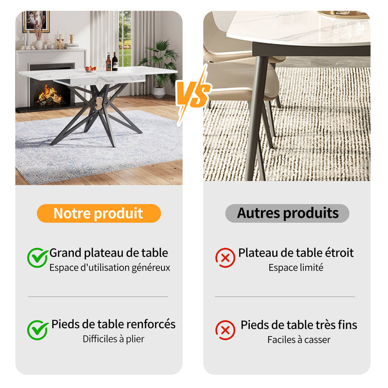 Table à manger extensible imitation marbre blanc 120-160cm et pieds noir en forme d&