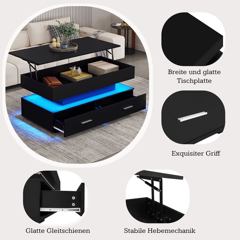 Table basse noir plateau relevable à hauteur réglable 2 tiroirs et espace de rangement ouvert avec éclairage LED 100*50*44 cm ZAKS BLACK