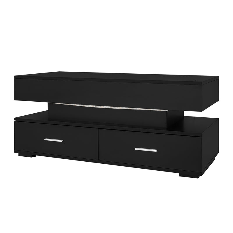 Table basse noir plateau relevable à hauteur réglable 2 tiroirs et espace de rangement ouvert avec éclairage LED 100*50*44 cm ZAKS BLACK