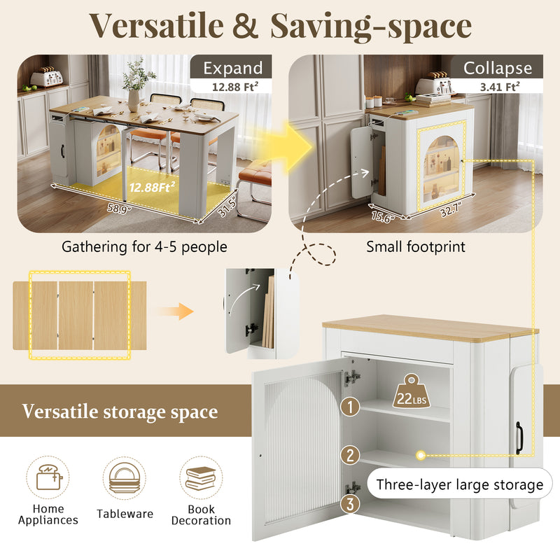 Îlot de cuisine mobile et table à manger extensible avec roulettes, éclairage LED avec prises intégrées (blanc et bois naturel) SALNIED