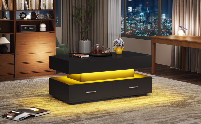 Table basse noir plateau relevable à hauteur réglable 2 tiroirs et espace de rangement ouvert avec éclairage LED 100*50*44 cm ZAKS BLACK