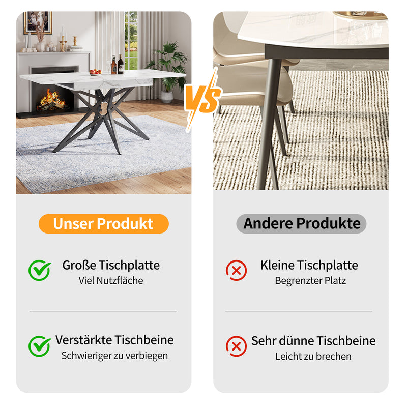 Table à manger extensible imitation marbre blanc 120-160cm et pieds noir en forme d&