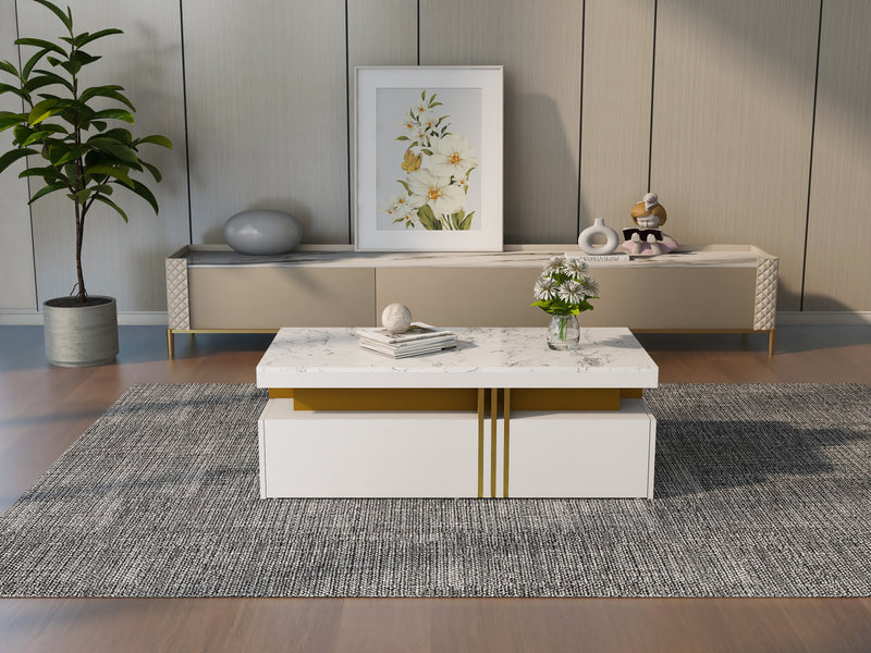 Table basse rectangulaire effet marbre blanche brillante avec 2 tiroirs 100*50*40 cm GEVREITS WHITE