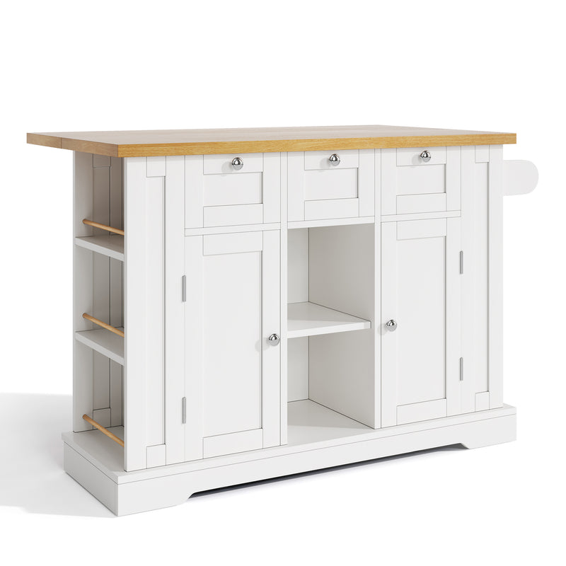 Îlot de cuisine blanc et effet bois avec plateau extensible, rangement et ports USB AMYLOPECT