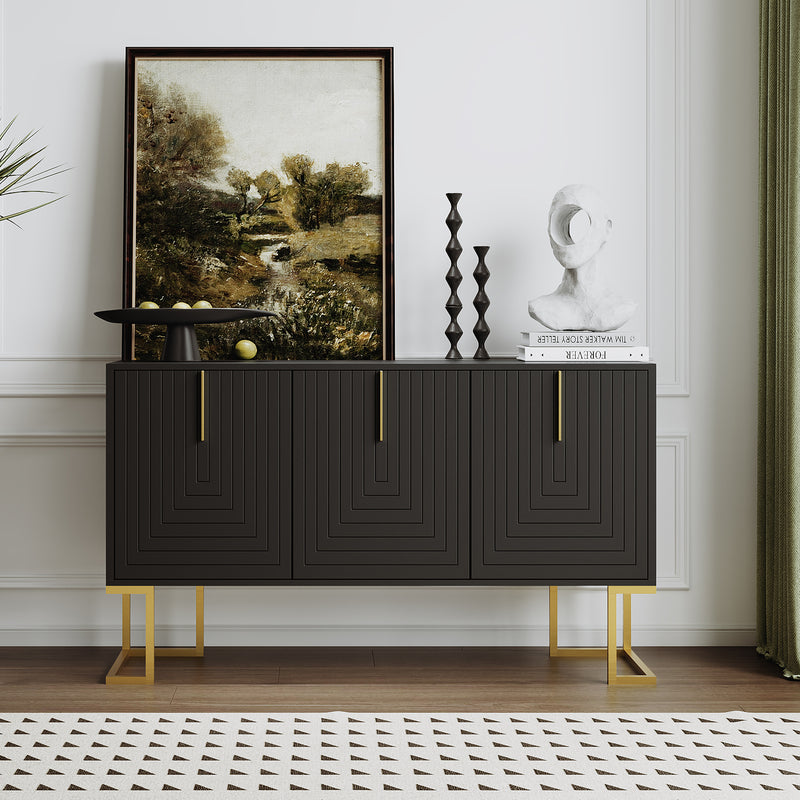 Commode buffet haut avec 3 portes noir mat motif de forme U H81/B138/T40 CRUUGREN BLACK