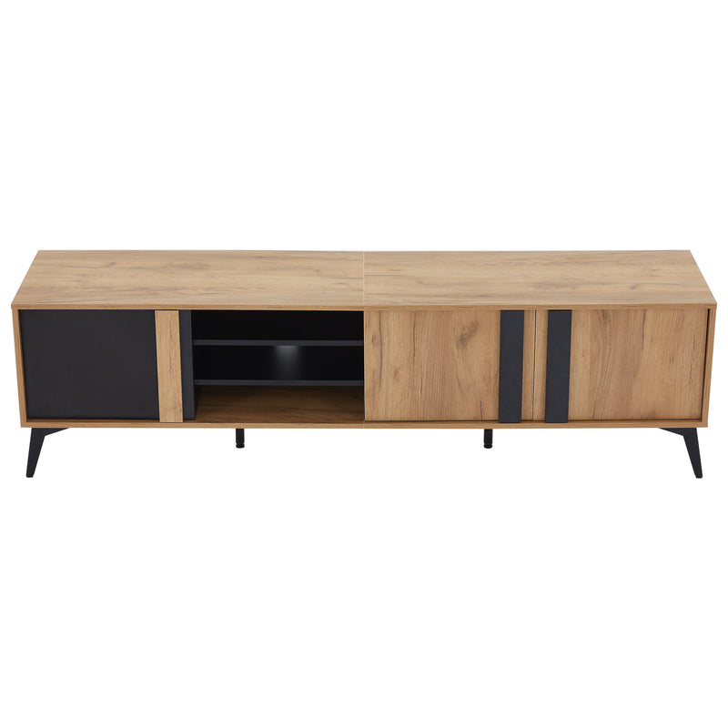 Meuble TV marron rustique effet bois et noir avec porte et compartiment ouvert ICAN