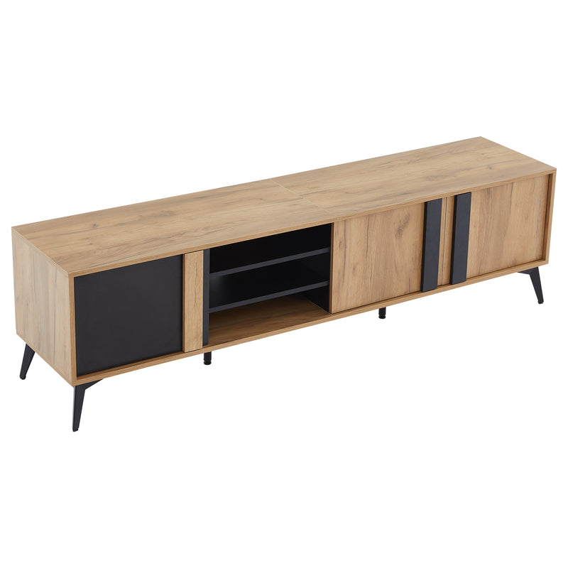 Meuble TV marron rustique effet bois et noir avec porte et compartiment ouvert ICAN