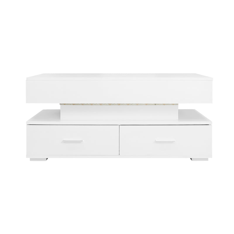 Table basse blanche plateau relevable à hauteur réglable 2 tiroirs et espace de rangement ouvert avec éclairage LED 100*50*44 cm ZAKS WHITE