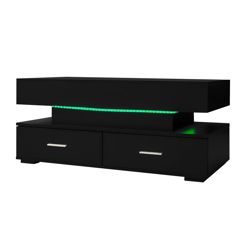 Table basse noir plateau relevable à hauteur réglable 2 tiroirs et espace de rangement ouvert avec éclairage LED 100*50*44 cm ZAKS BLACK