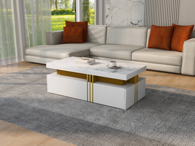 Table basse rectangulaire effet marbre blanche brillante avec 2 tiroirs 100*50*40 cm GEVREITS WHITE