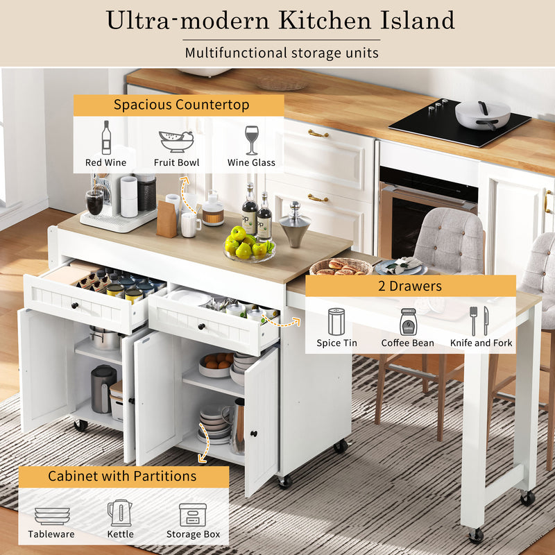 Îlot de cuisine mobile multifonctionnel avec plateau rétractable 2 tiroirs et 4 portes CAPSID