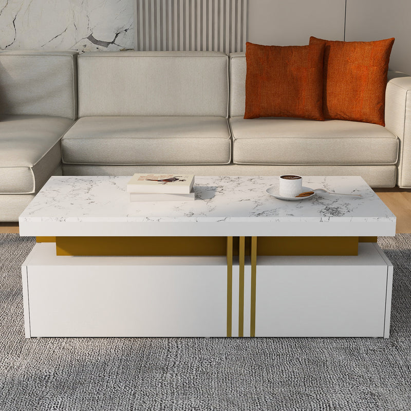 Table basse rectangulaire effet marbre blanche brillante avec 2 tiroirs 100*50*40 cm GEVREITS WHITE