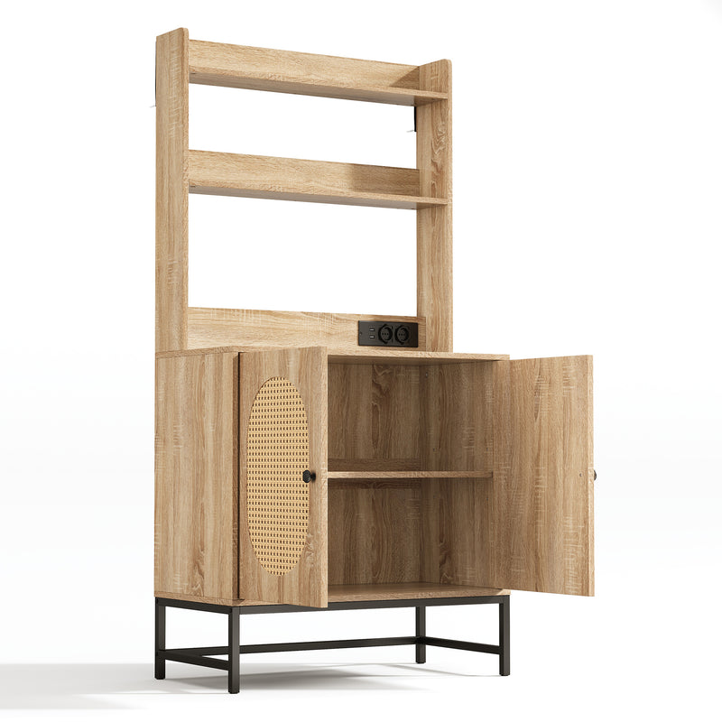Buffet haute en MDF décor chêne naturel avec portes en rotin, prise USB intégrée PEAKFLOW