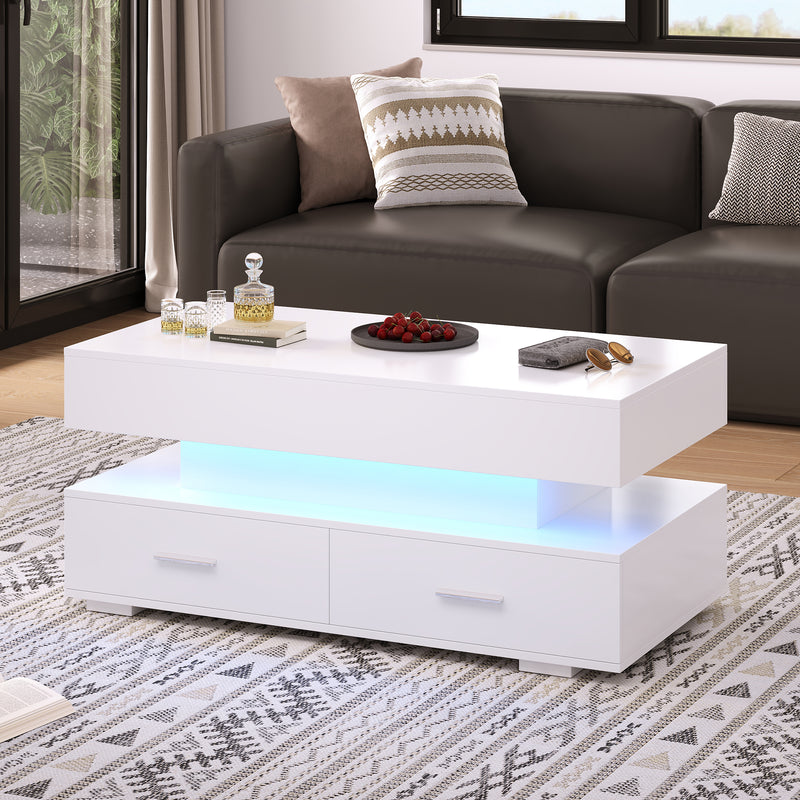 Table basse blanche plateau relevable à hauteur réglable 2 tiroirs et espace de rangement ouvert avec éclairage LED 100*50*44 cm ZAKS WHITE