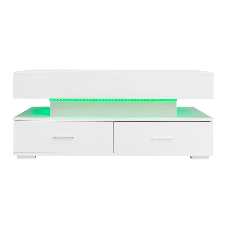 Table basse blanche plateau relevable à hauteur réglable 2 tiroirs et espace de rangement ouvert avec éclairage LED 100*50*44 cm ZAKS WHITE