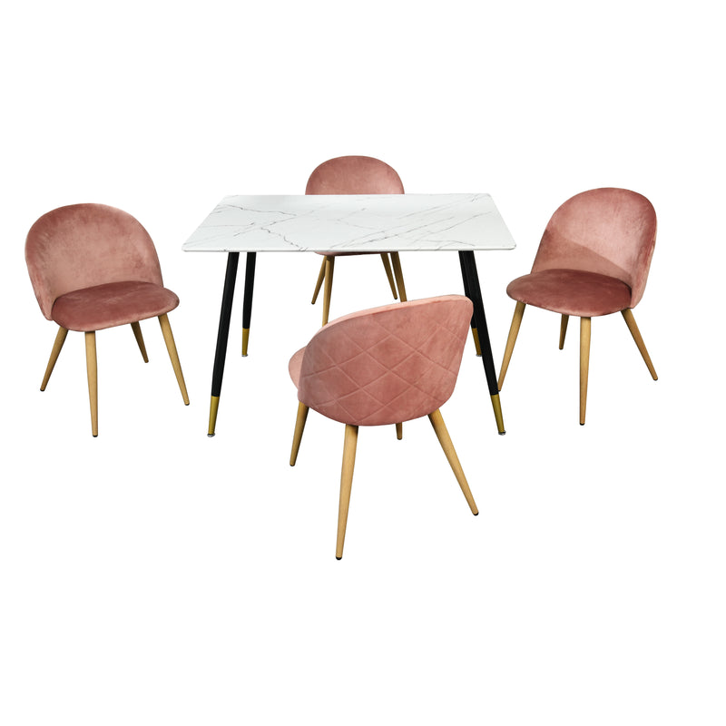 Ensemble table et 4 chaises scandinave effet marbre et velours rose WHALEN MARBLE TABLE BG+ZOMBA ROSE*2