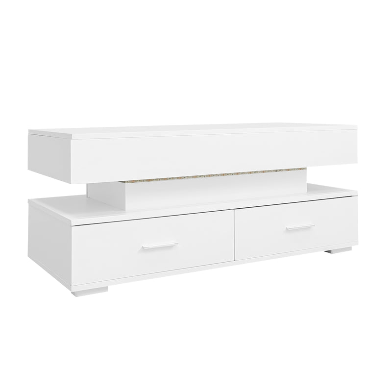 Table basse blanche plateau relevable à hauteur réglable 2 tiroirs et espace de rangement ouvert avec éclairage LED 100*50*44 cm ZAKS WHITE