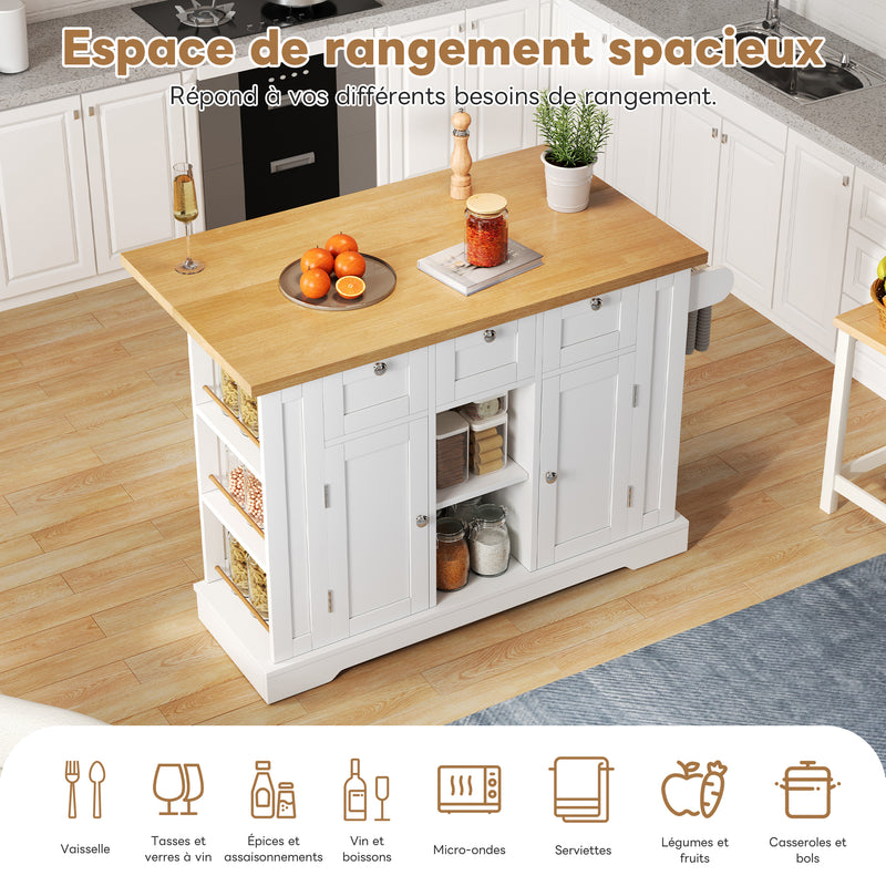 Îlot de cuisine blanc et effet bois avec plateau extensible, rangement et ports USB AMYLOPECT