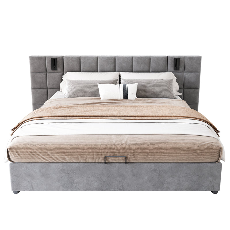 Lit coffre king en velours gris avec éclairage et prises USB 180*200 PERMAFROST
