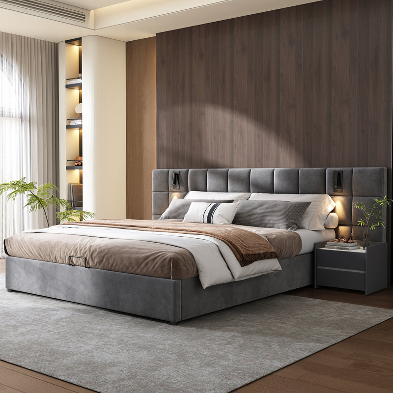 Lit coffre king en velours gris avec éclairage et prises USB 180*200 PERMAFROST