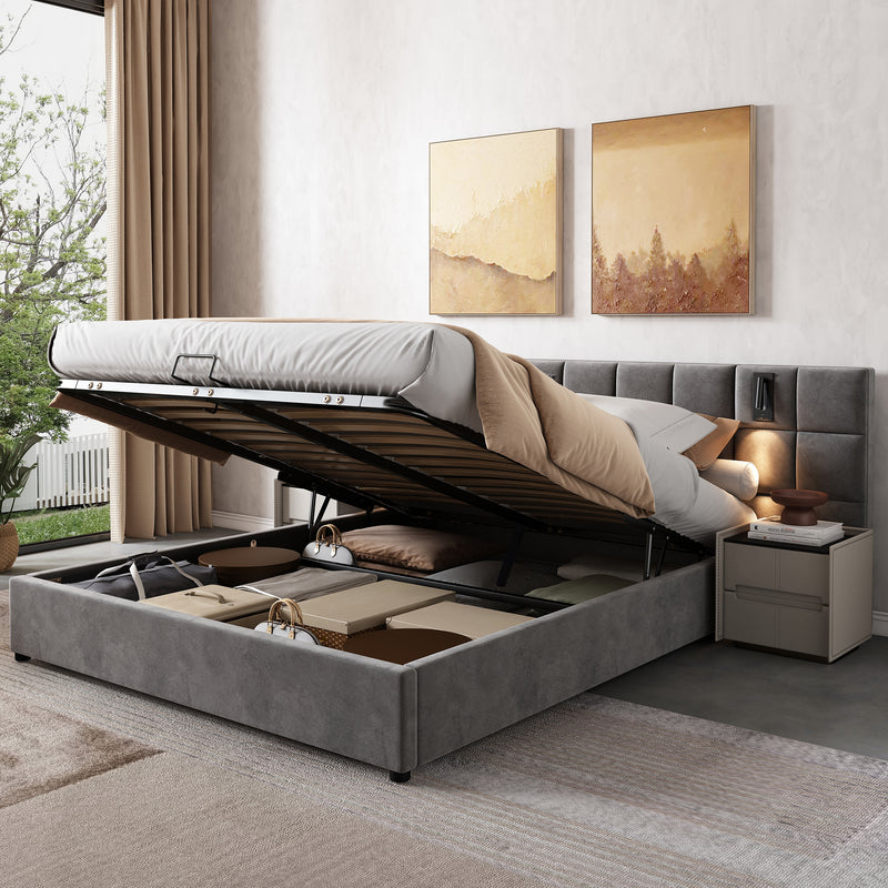 Lit coffre king en velours gris avec éclairage et prises USB 180*200 PERMAFROST